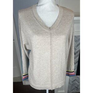 Vilagallo Women’s Size Medium Sweater Beige Blue V-Neck W/fushia/orange/white